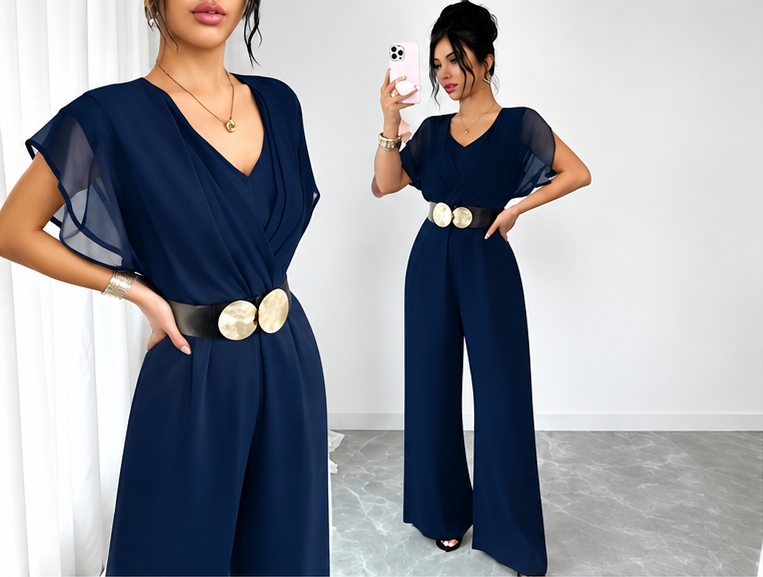 💙 Elenzga – Combinaison élégante pour femme, bleu marine, col en V et pantalon large