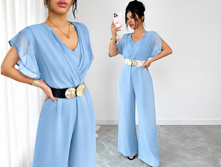 💙 Elenzga – Combinaison élégante pour femme, bleu marine, col en V et pantalon large