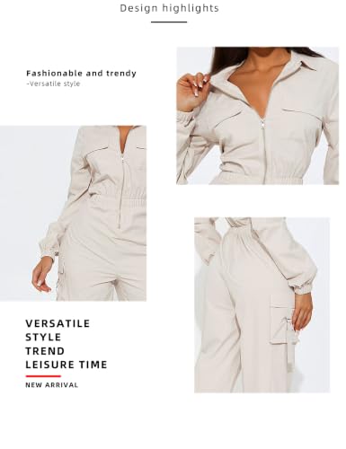 🖤 WOKANSE – Combinaison cargo pour femme à taille haute élastique, zip frontal et poches