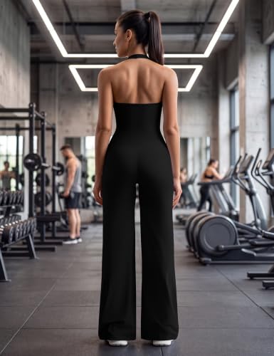 🖤 OLCHEE – Combinaison Sport Femme Dos Nu, Col Halter & Pantalon Large Sculptant