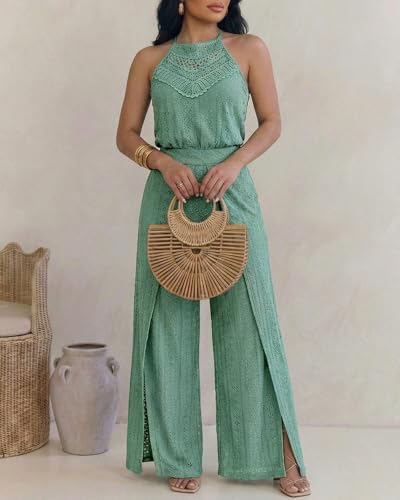 💚 CHICME – Combinaison Femme à broderie ajourée, col licou en crochet & pantalon large fendu
