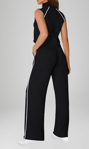 🖤 SENSERISE – Combinaison Femme Sans Manches, Col Montant Zippé & Pantalon Large avec Poches