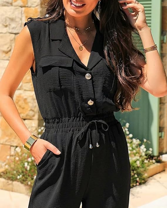 🖤 Nouvelle Collection 2026 CHICME – Combinaison Cargo Femme Noire, Col à Revers, Taille Haute & Poches