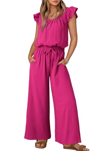🌸 Dokotoo – Combinaison Femme Rose à Col V, Manches Volantées, Taille Ajustable & Poches