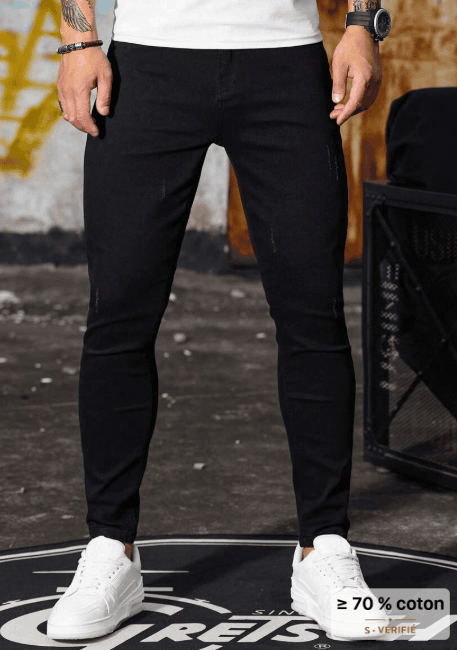 Manfinity Homme Jeans pour hommes en coton unicolore déchiré skinny, coupe ajustée, lavage foncé long, jean cargo noir unicolore pour travail basique mari VELICYA