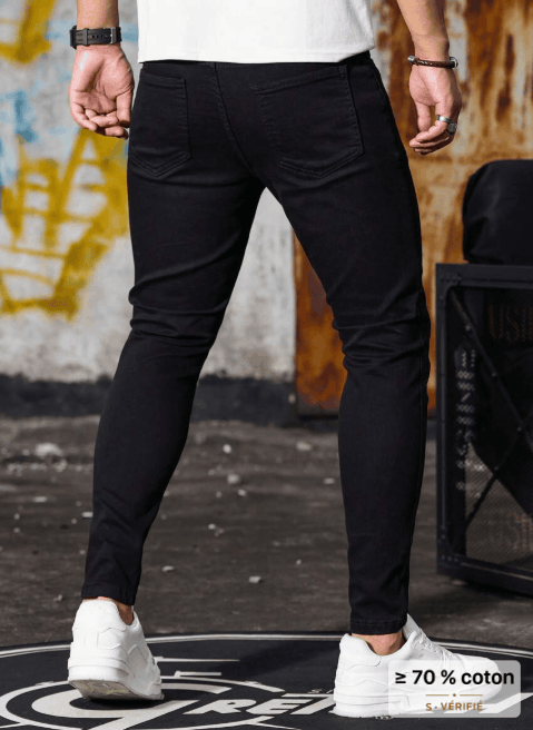 Manfinity Homme Jeans pour hommes en coton unicolore déchiré skinny, coupe ajustée, lavage foncé long, jean cargo noir unicolore pour travail basique mari VELICYA