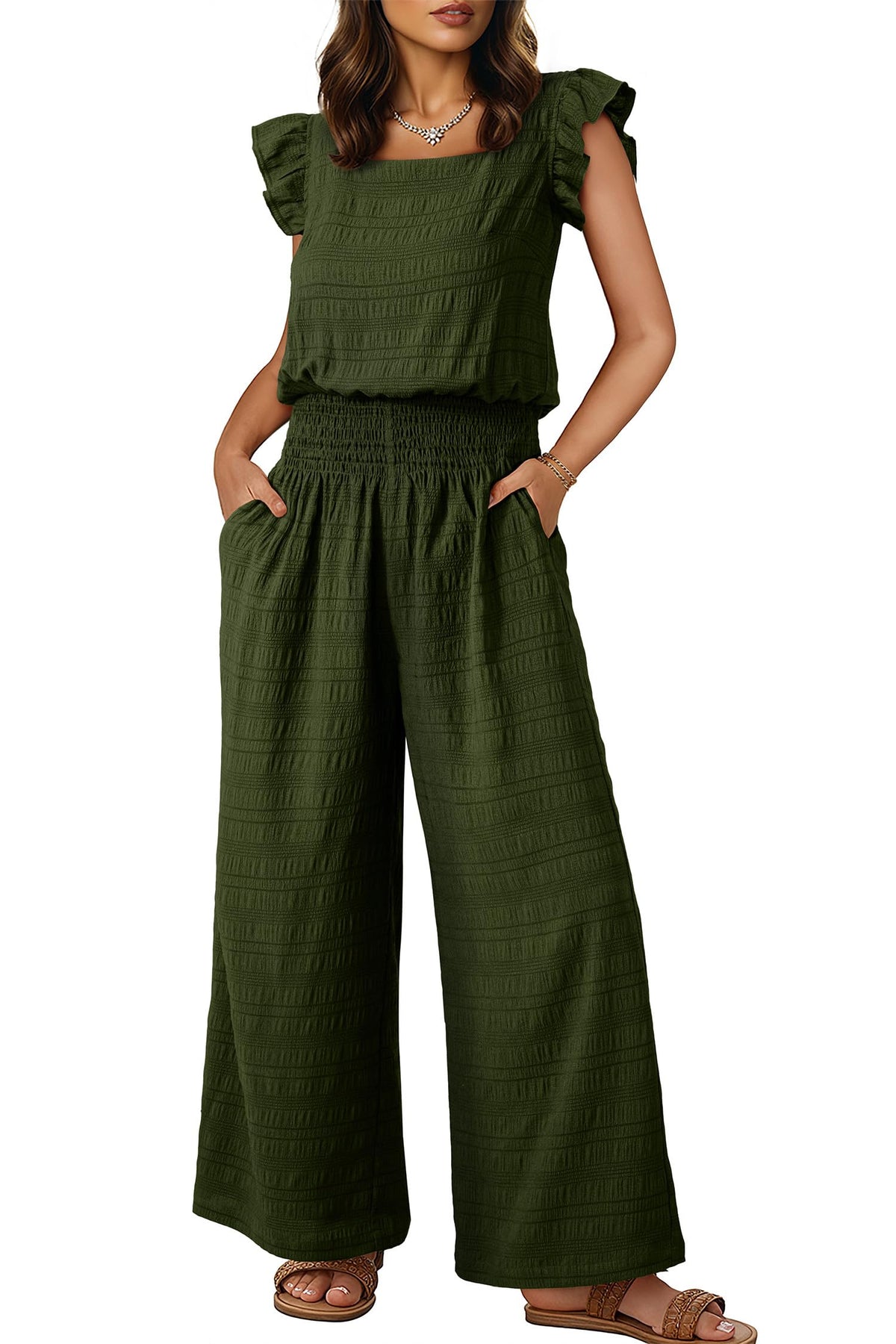 Dokotoo – Combinaison femme smockée sans manches, col carré et pantalon large avec poches