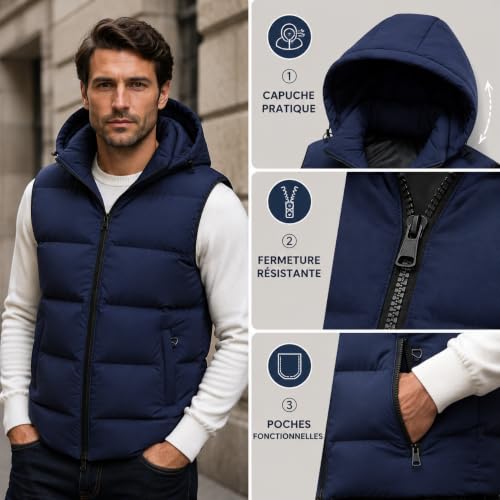 Doudoune Sans Manches Homme à Capuche – Gilet Chaud, Léger & Zippé pour l’Hiver
