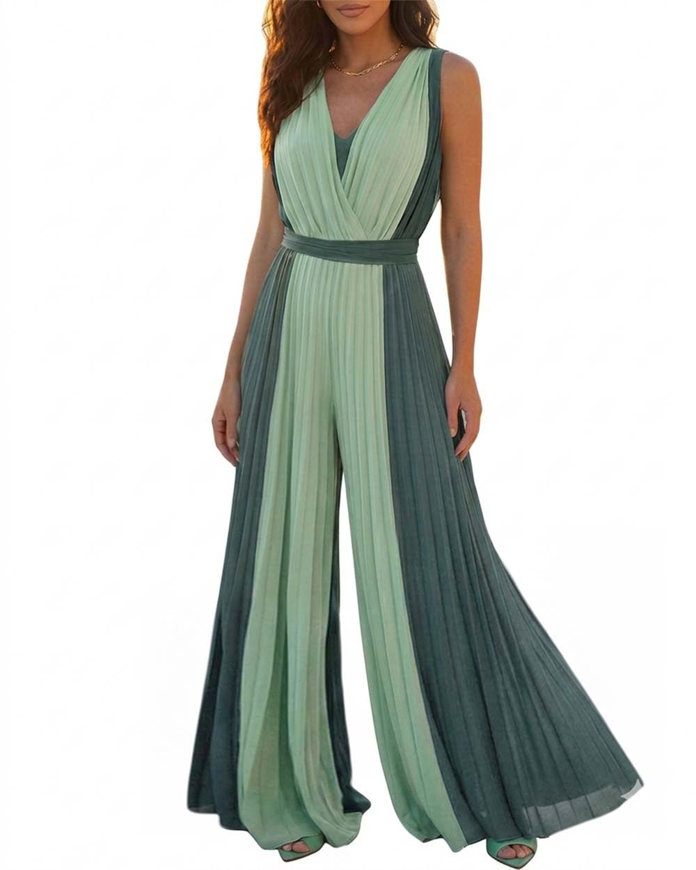 ✨ CHICME – Combinaison Femme Colorblock Sans Manches, Détails Plissés & Style Chic Moderne