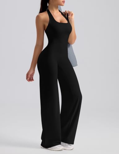 🖤 OLCHEE – Combinaison de sport femme dos nu, col licou & pantalon large sculptant