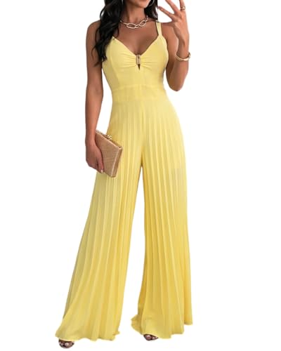 💛 CHICME – Combinaison femme plissée jaune, décolleté en V profond & pantalon large doublé