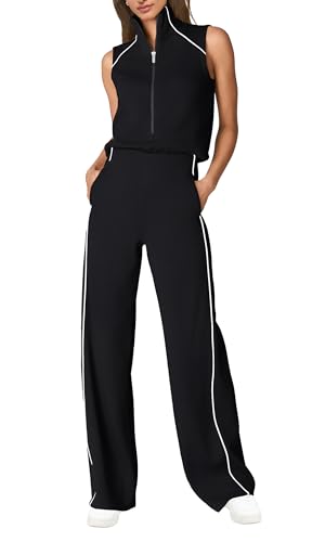 🖤 SENSERISE – Combinaison Femme Sans Manches, Col Montant Zippé & Pantalon Large avec Poches