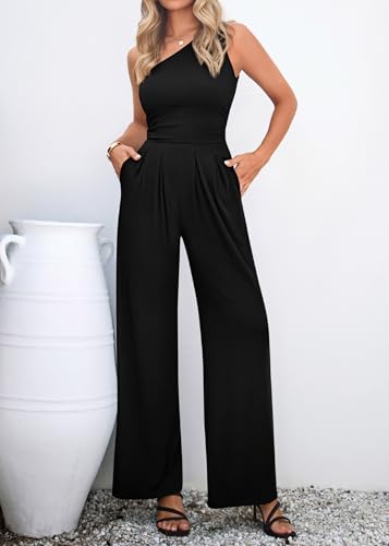 KIRUNDO – Combinaison femme élégante asymétrique, taille froncée et pantalon large avec poches
