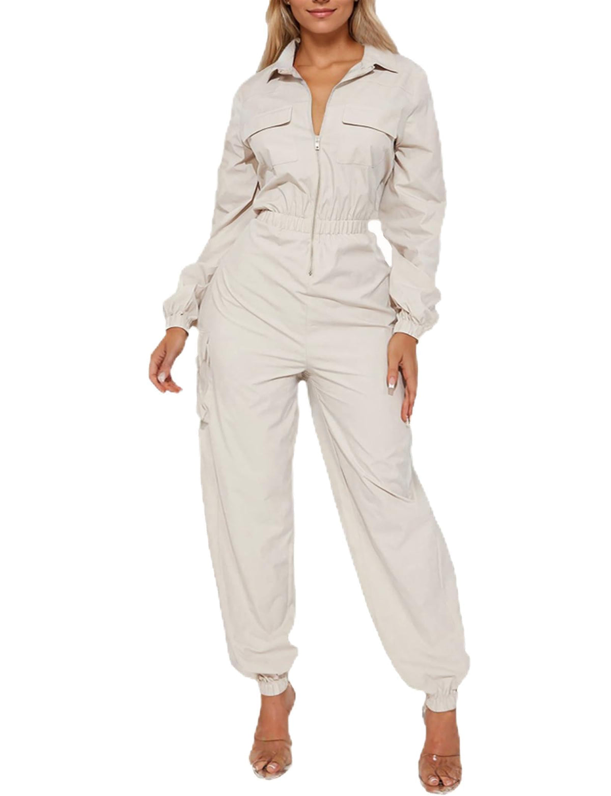🖤 WOKANSE – Combinaison Cargo Femme à Taille Haute Élastique, Zip Frontal & Poches