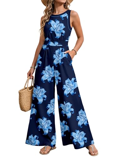 💙 AGERWAY – Combinaison Femme Fleurie Bleu Marine, Taille Smockée & Pantalon Large