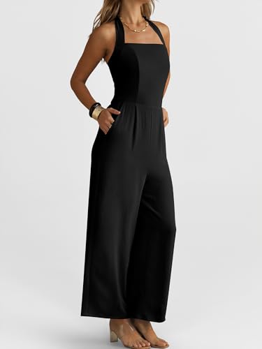 ✨ ANRABESS – Combinaison Femme Dos Nu, Taille Haute Smockée & Pantalon Large avec Poches
