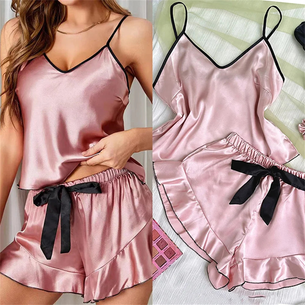 Pyjama femme en satin lisse – Haut col V à volants et short à nœud – Ensemble 2 pièces