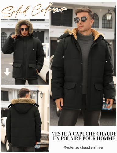 TOMEEK – Parka d'hiver pour homme à capuche amovible – Manteau chaud, polaire et coupe-vent