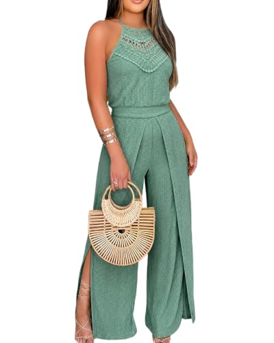💚 CHICME – Combinaison Femme à broderie ajourée, col licou en crochet & pantalon large fendu