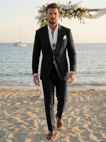 Costume 2 pièces en lin pour homme, tenue de mariage estivale, veste et pantalon