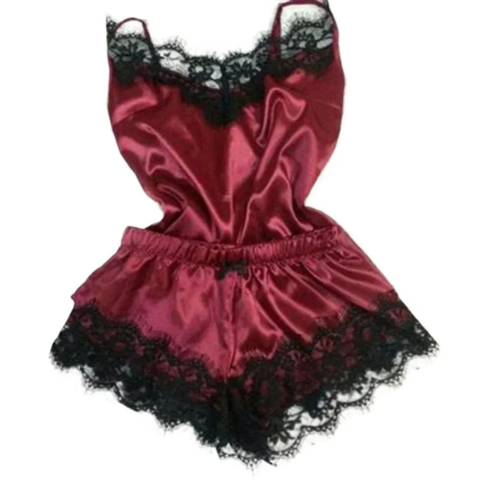 🌸 Ensemble pyjama femme en dentelle et finition soie – caraco et short – lingerie de nuit 2 pièces