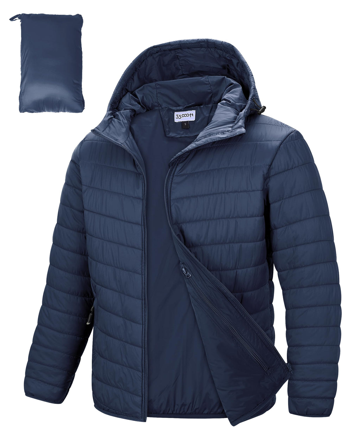 33,000ft – Veste matelassée légère à capuche pour homme – Chaude, résistante à l’eau et pliable