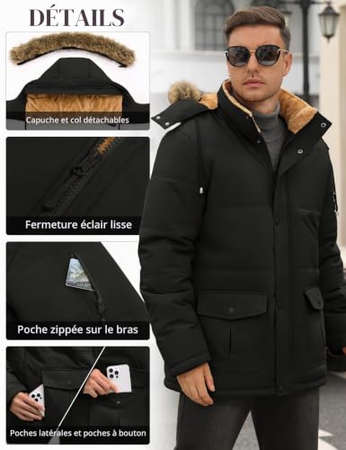 TOMEEK – Parka d'hiver pour homme à capuche amovible – Manteau chaud, polaire et coupe-vent