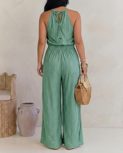 💚 CHICME – Combinaison Femme à broderie ajourée, col licou en crochet & pantalon large fendu