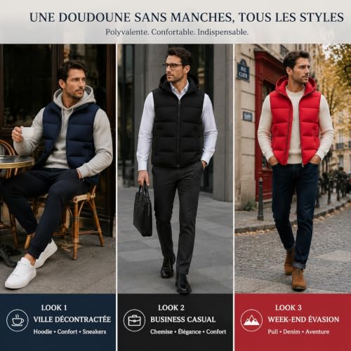 Doudoune Sans Manches Homme à Capuche – Gilet Chaud, Léger & Zippé pour l’Hiver
