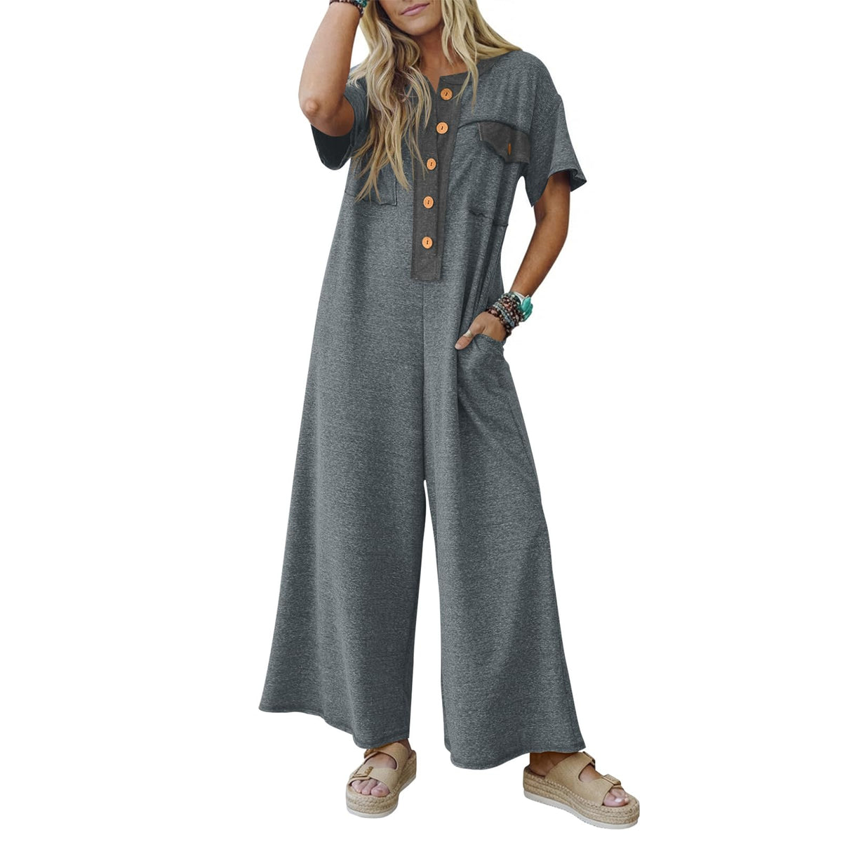 Fisoew – Combinaison Femme Casual Col V, Boutonnée & Coupe Ample avec Poches