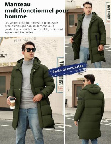 CMTOP – Longue veste d'hiver pour homme – Parka chaude, épaisse et matelassée à capuche