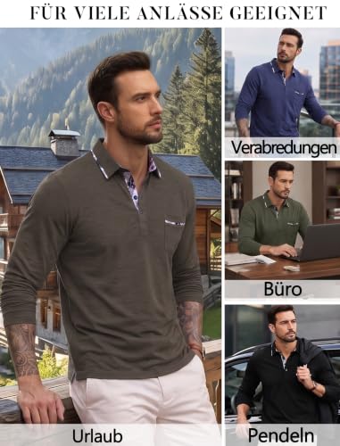 Polo homme manches longues à col à carreaux – Modèle élégant avec poche