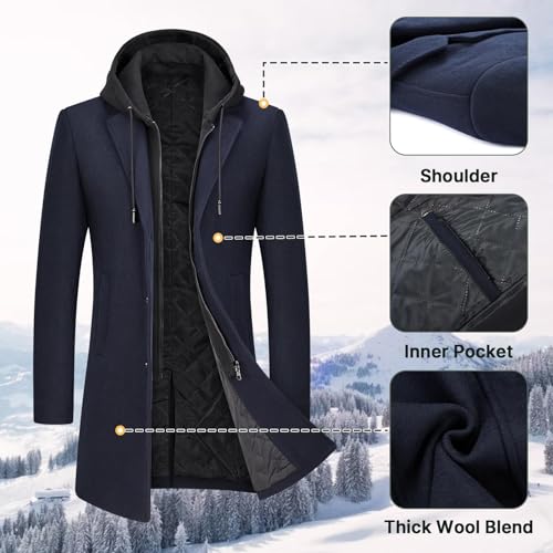 Manteau en laine pour homme avec capuche amovible – Manteau long, chaud et élégant pour l’hiver