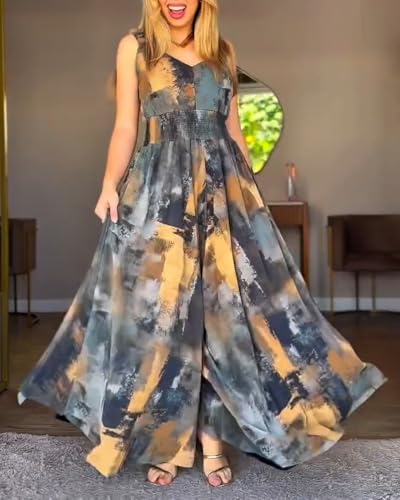 🌿 CHICME – Combinaison Femme à Imprimé Abstrait, Sans Manches & Pantalon Large – Chic Artistique