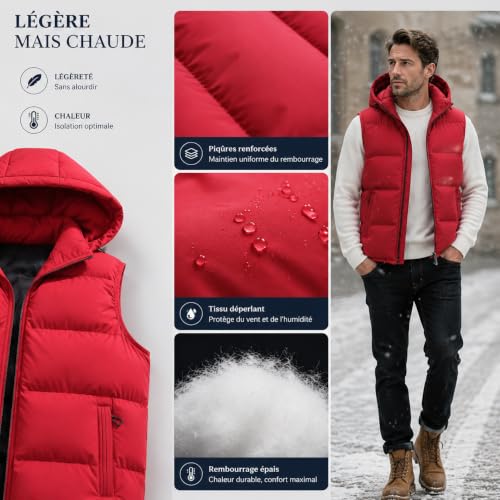 Doudoune Sans Manches Homme à Capuche – Gilet Chaud, Léger & Zippé pour l’Hiver