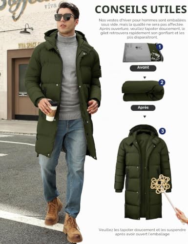 CMTOP – Longue veste d'hiver pour homme – Parka chaude, épaisse et matelassée à capuche