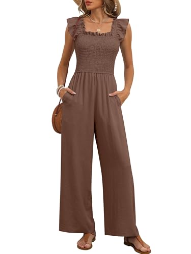 🤎 Caracilia – Combinaison élégante pour femme, corsage smocké, manches à volants et pantalon large avec poches