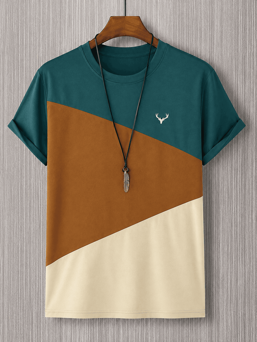 T-Shirt Homme Color Block à Broderie Cerf – Style Casual Chic & Design Moderne VELICYA