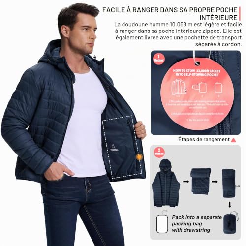 33,000ft – Veste matelassée légère à capuche pour homme – Chaude, résistante à l’eau et pliable