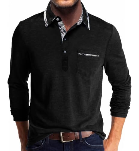 Polo homme manches longues à col à carreaux – Modèle élégant avec poche