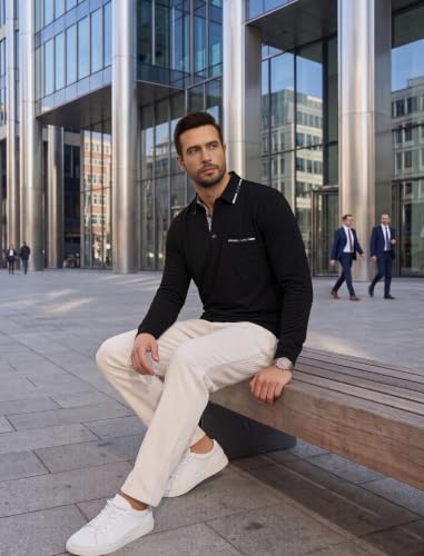 Polo homme manches longues à col à carreaux – Modèle élégant avec poche