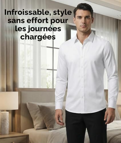 Chemise homme à col montant – Manches longues, extensible et infroissable – Style casual chic