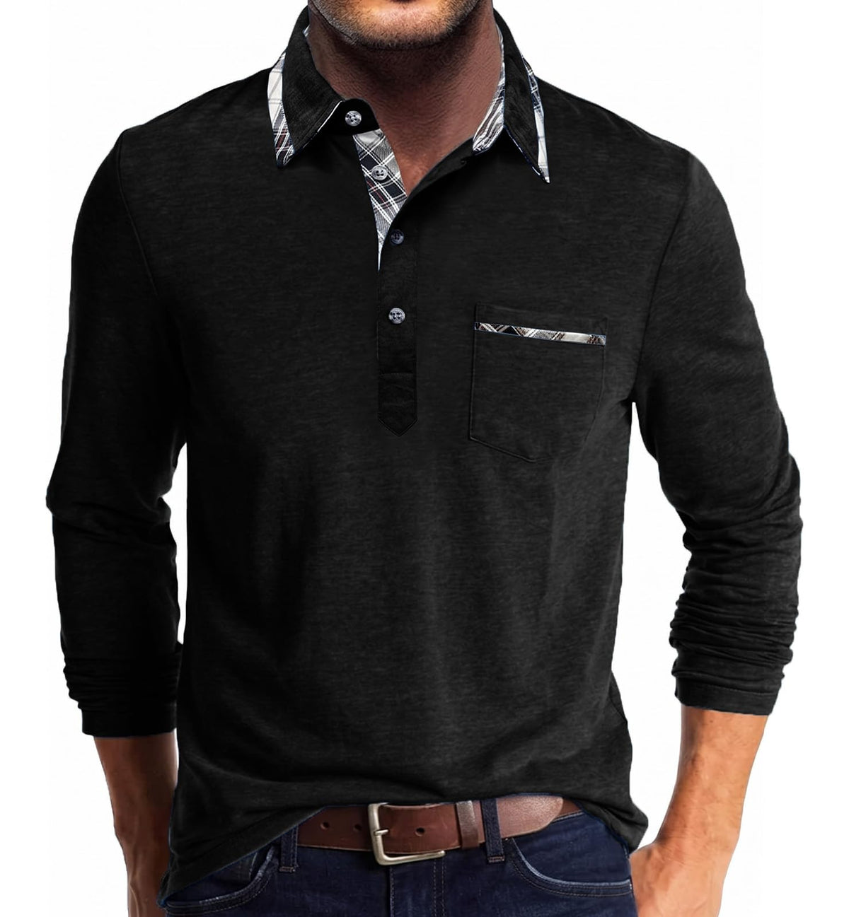 Polo homme manches longues à col à carreaux – Modèle élégant avec poche