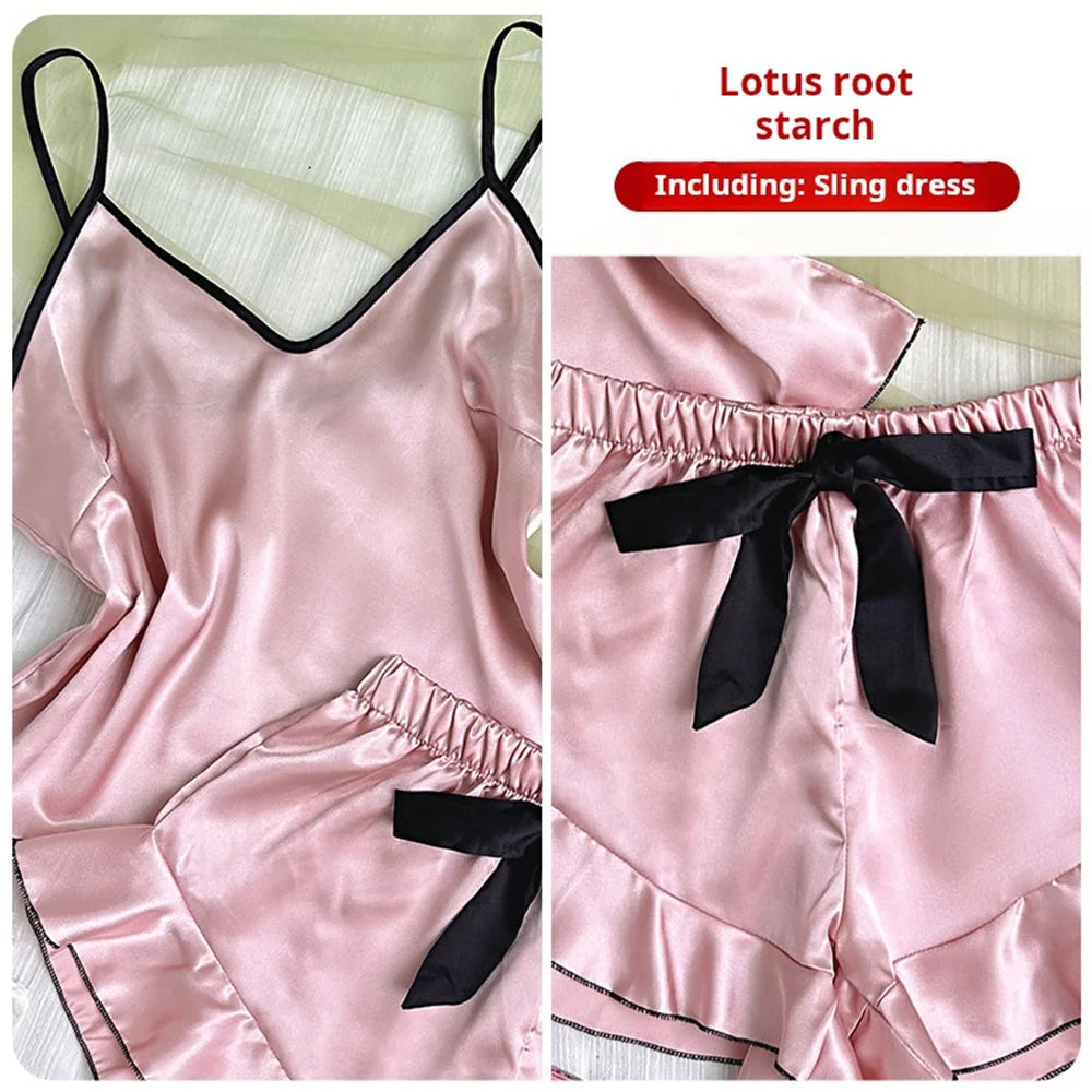 Pyjama femme en satin lisse – Haut col V à volants et short à nœud – Ensemble 2 pièces