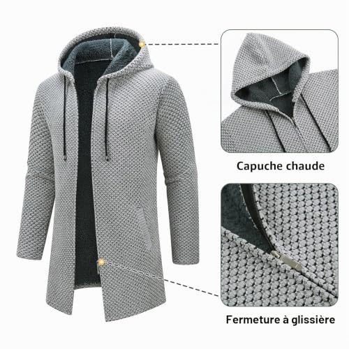 Cardigan long homme KUDORO – Capuche et fermeture zippée