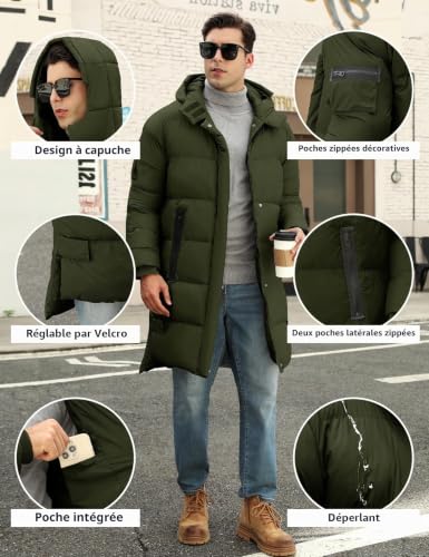 CMTOP – Longue veste d'hiver pour homme – Parka chaude, épaisse et matelassée à capuche