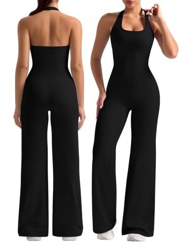 🖤 OLCHEE – Combinaison de sport femme dos nu, col licou & pantalon large sculptant