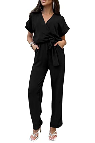 PRETTYGARDEN – Combinaison femme élégante, col V cache-cœur, taille nouée et pantalon large