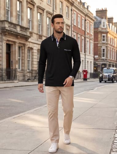 Polo homme manches longues à col à carreaux – Modèle élégant avec poche