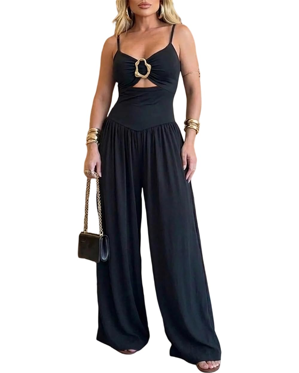CHICME – Combinaison femme dos nu avec découpes à la taille, fines bretelles et pantalon large